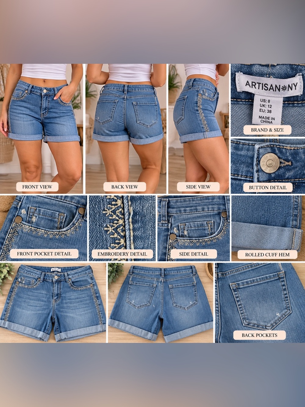 Artisan NY Denim Shorts Size 8 Embroidered Cuffed Jean Shorts